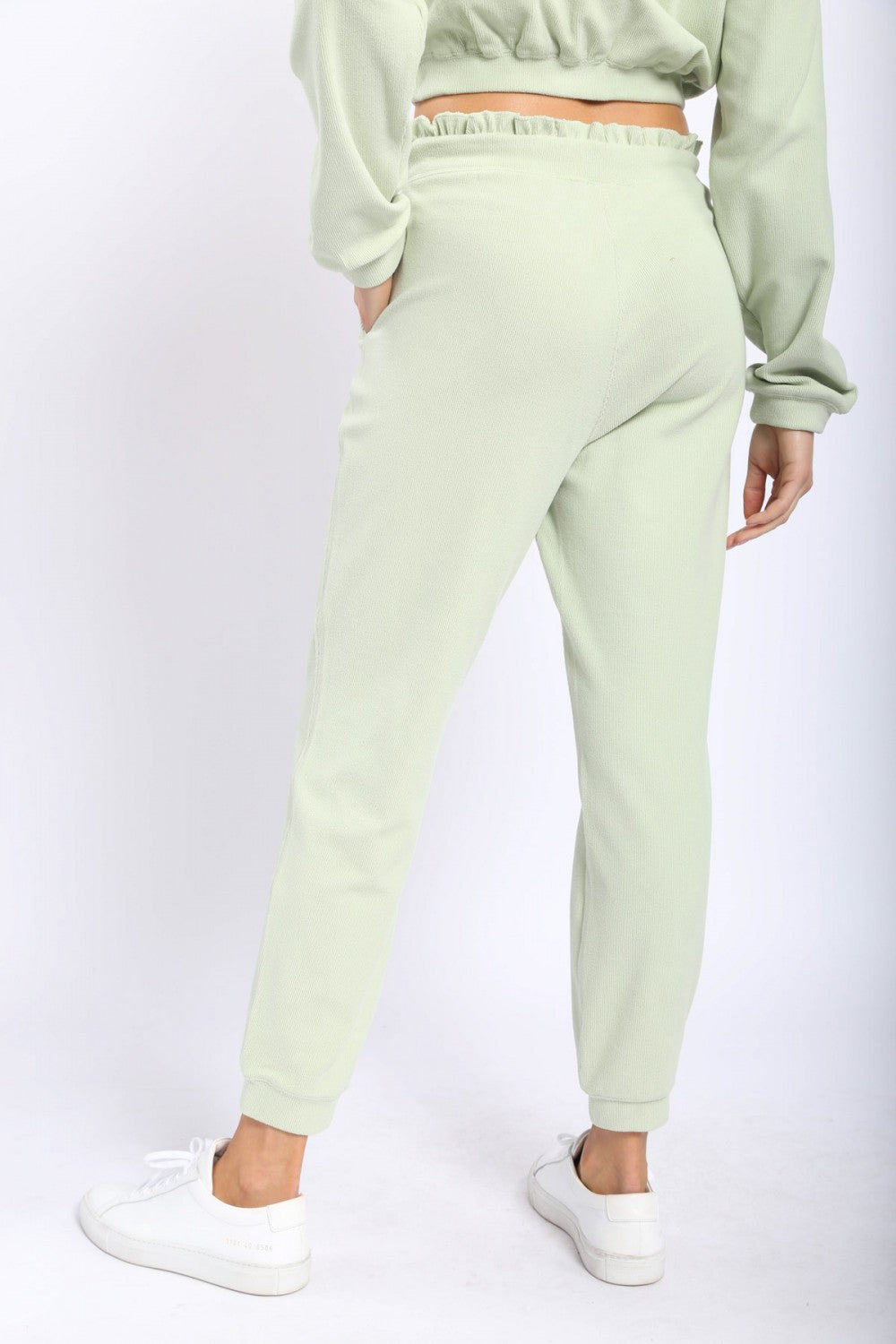 Mono B Ribbed Cropped Hoodie and Joggers with Ruffled Waistband Separates