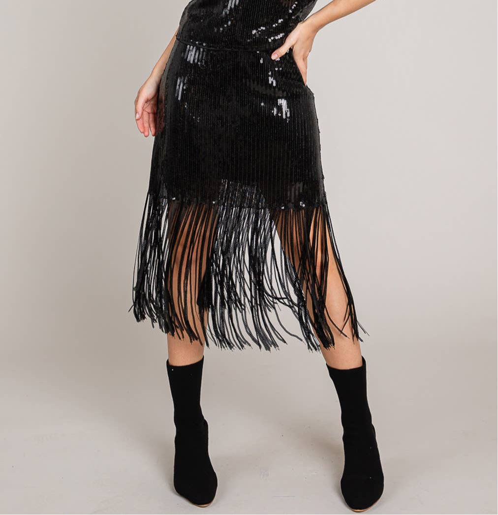 Sequin Pencil Skirt with Fray Detail