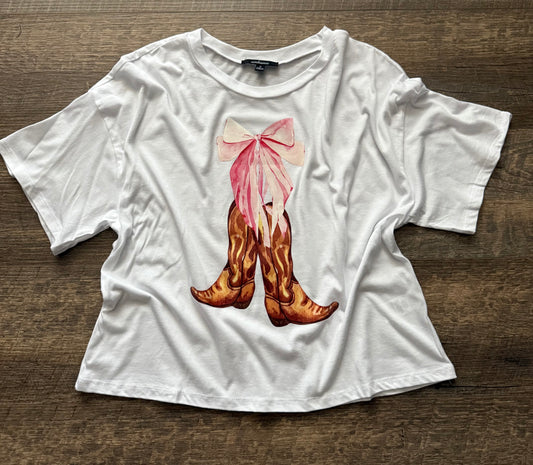 Cowboy Boots and Bow Long Crop Tee