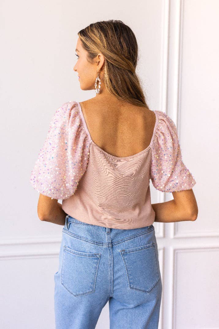 Rose Quartz Sparkle Puff Sleeve Top (Curvy Size)