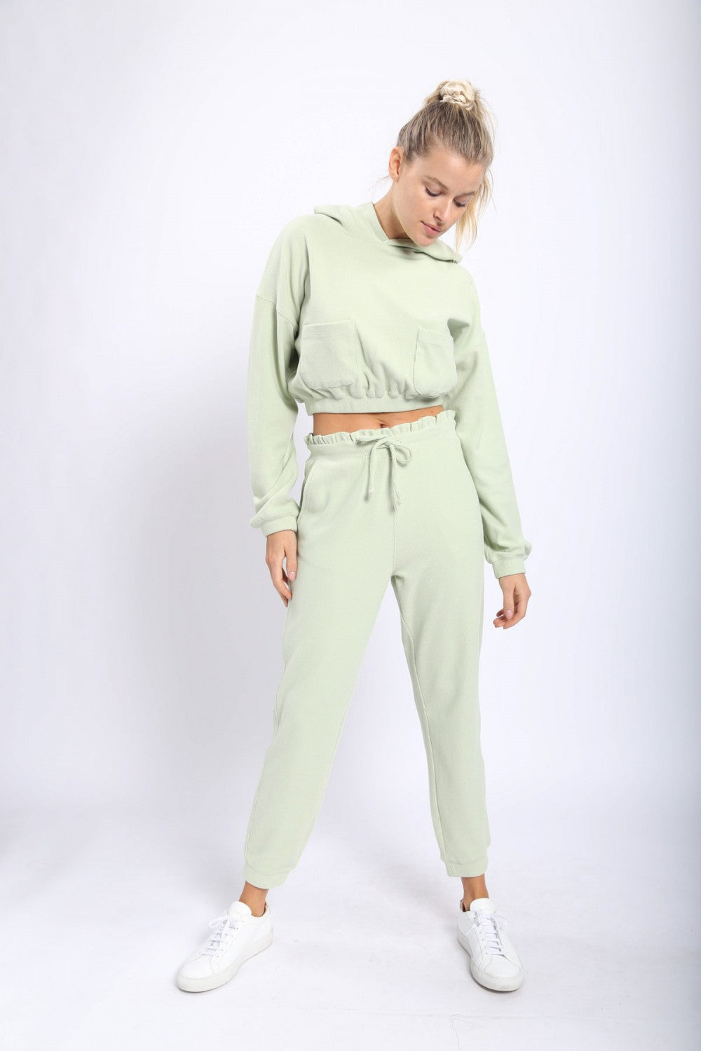 Mono B Ribbed Cropped Hoodie and Joggers with Ruffled Waistband Separates