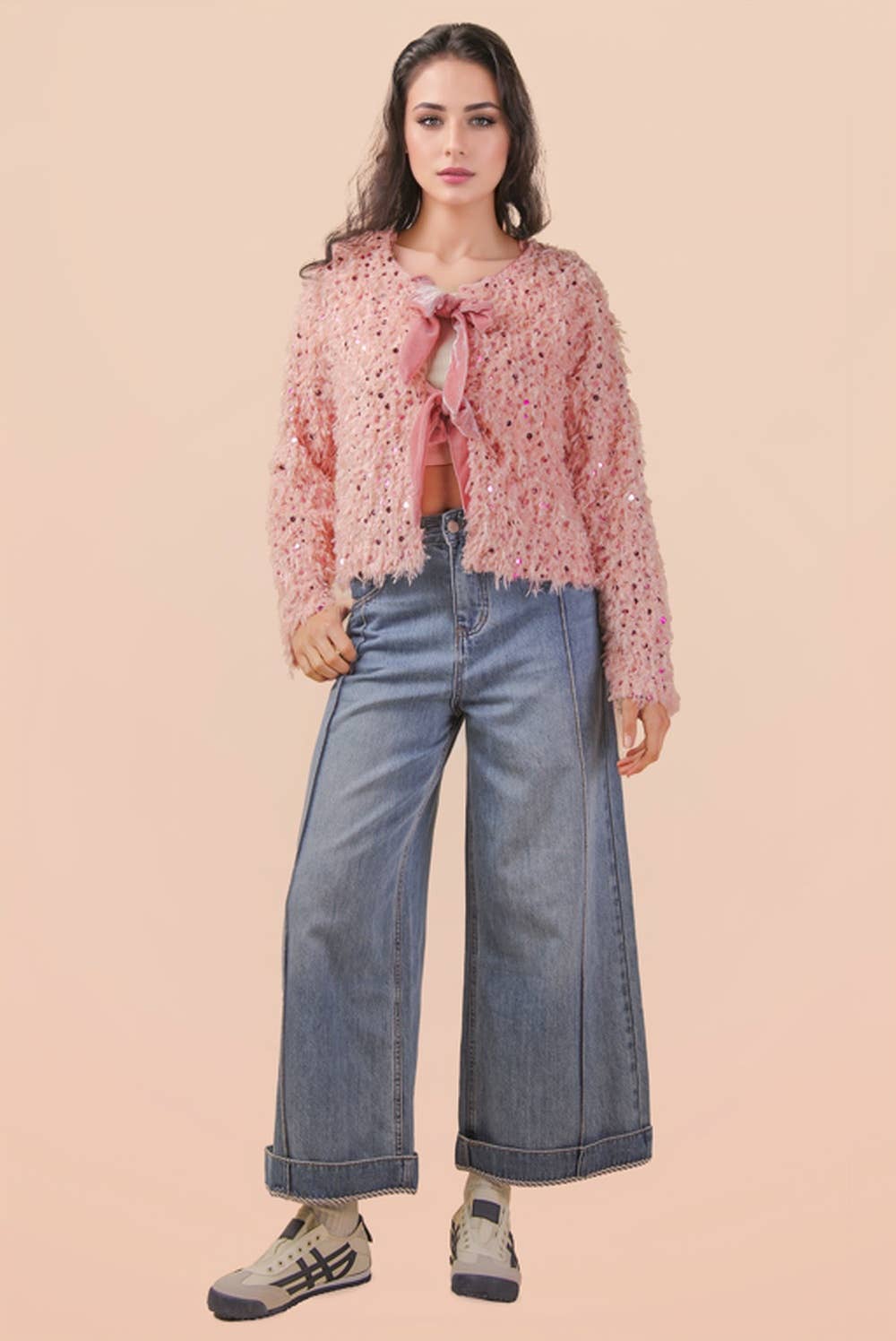 Sequin Textured Holiday Jacket with Front Tie