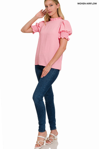 Zenana Woven Airflow Mock Neck Smocked Puff Sleeve Top
