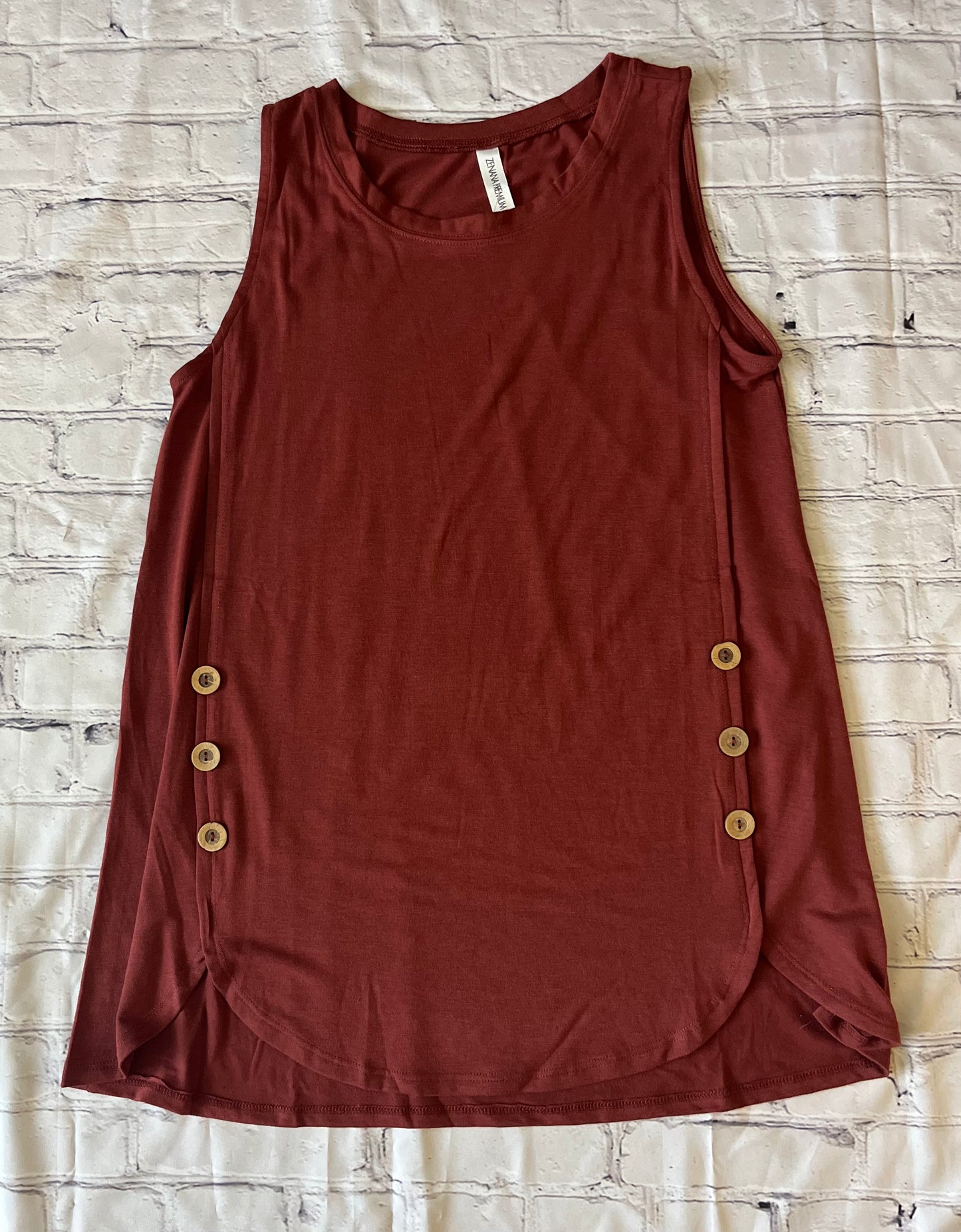 Zenana Sleeveless Wood Buttons Dolphin Hem Top (2 Colors)