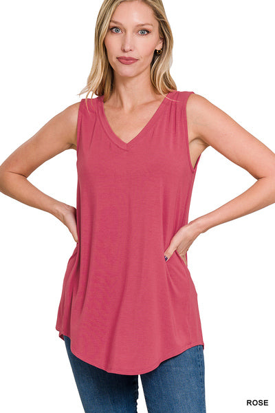 Zenana Luxe Rayon Sleeveless V-Neck Hi-Low Hem Top
