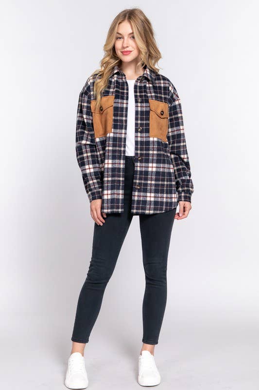 Long Sleeve Suede Pocket Detail Brushed Plaid Shacket