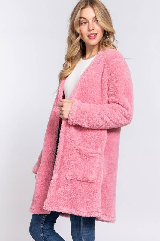 Open Front Sherpa Jacket With Pockets