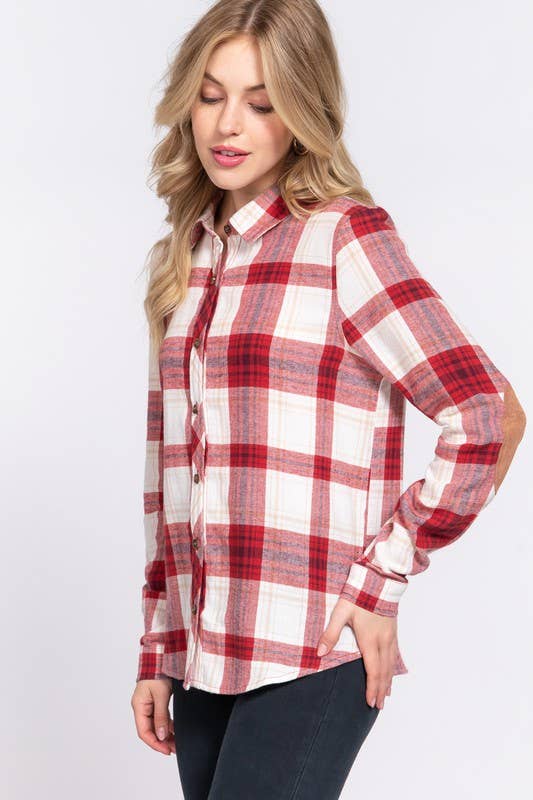 Button Down Plaid Flannel Shirt with Suede Patch