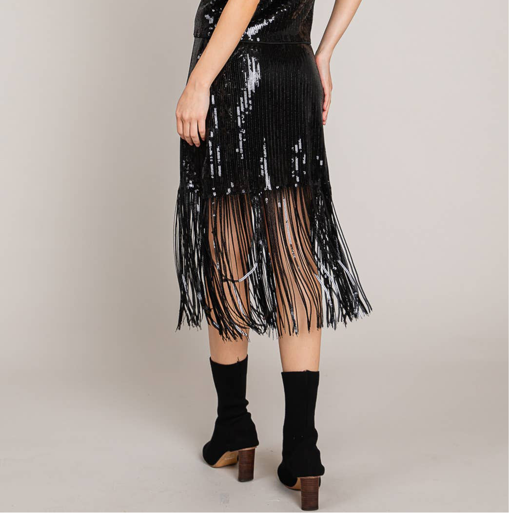 Sequin Pencil Skirt with Fray Detail