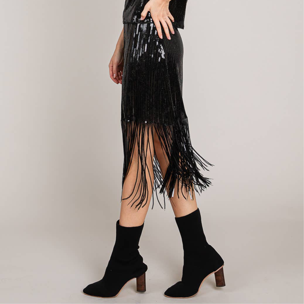 Sequin Pencil Skirt with Fray Detail