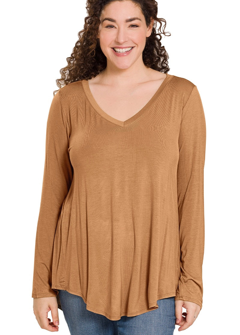Zenana Luxe Rayon Long Sleeve V-Neck Dolphin Hem Top (S-3XL)