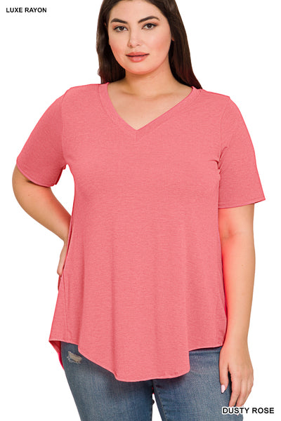 Zenana Curvy Luxe Rayon Short Sleeve V-Neck Hi-Low Hem Top