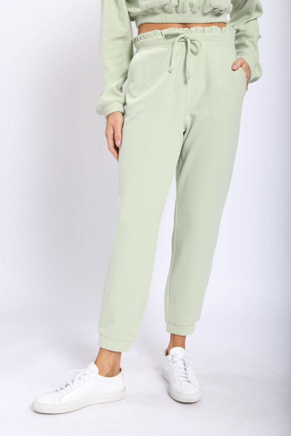 Mono B Ribbed Cropped Hoodie and Joggers with Ruffled Waistband Separates