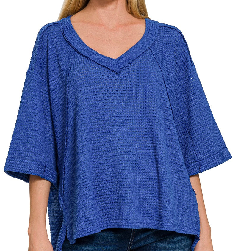 Zenana Brushed Waffle Exposed-Seam 3/4 Sleeve Top
