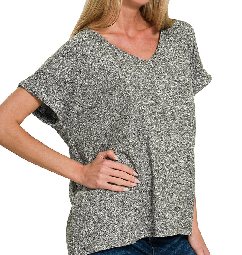 Zenana Soft Melange Hacci Elastic Waisted Shorts and Coordinating V-Neck Top
