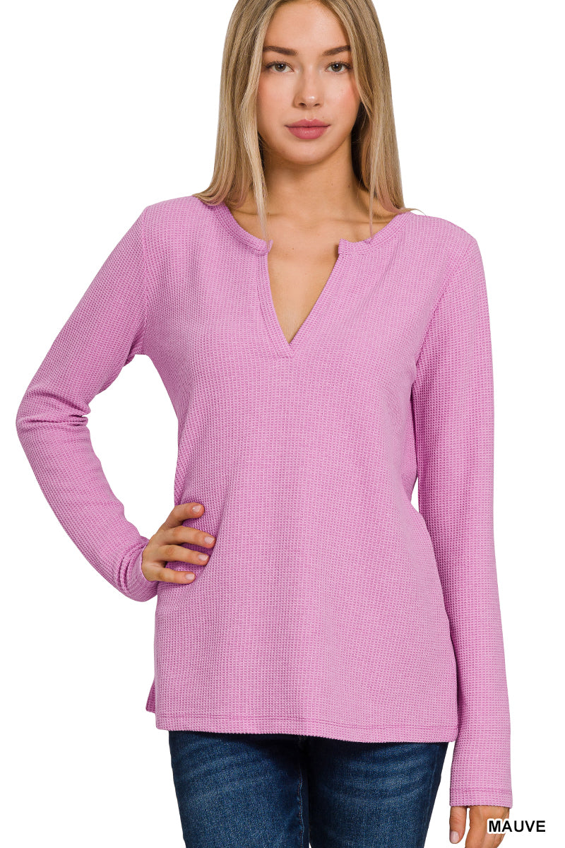 Zenana Melange Baby Waffle V-Neck Long Sleeve Top