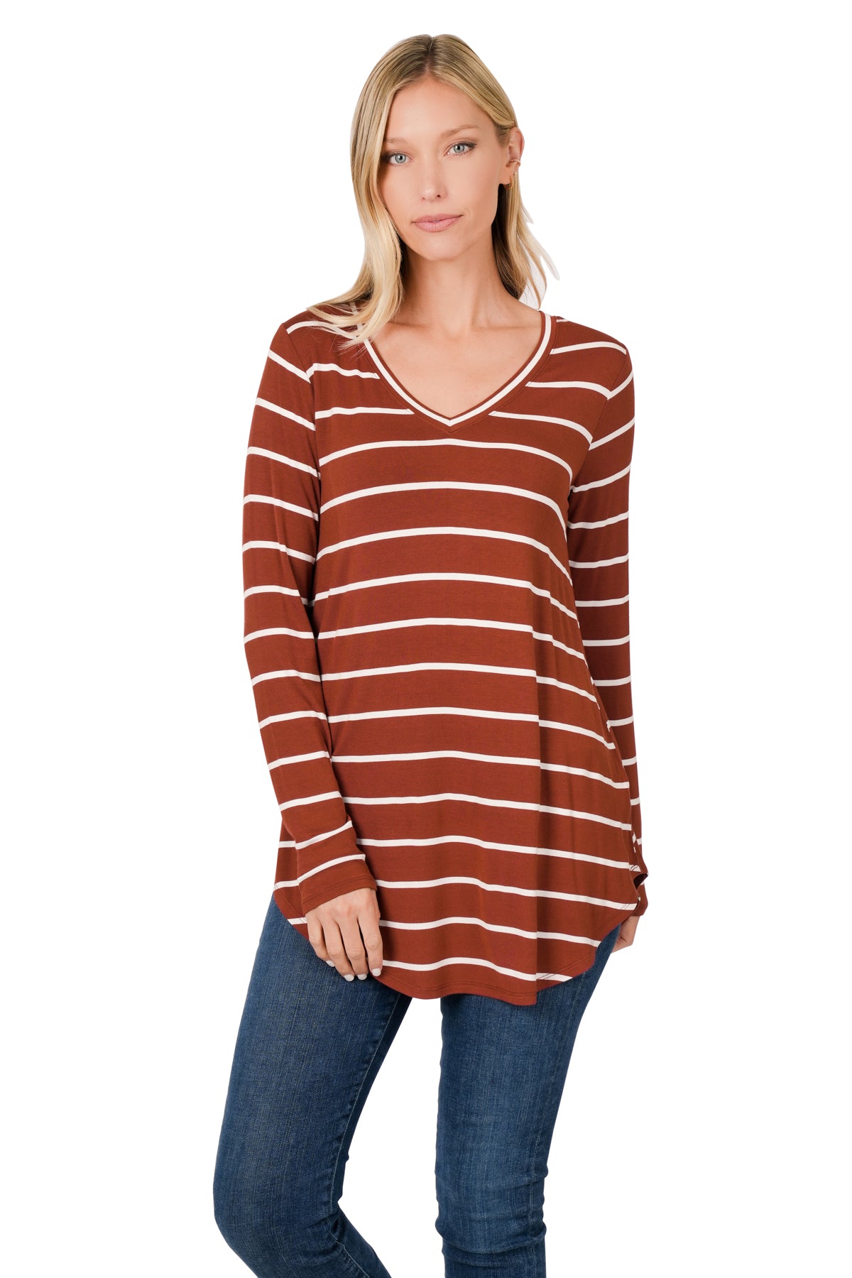Zenana Striped V-Neck Dolphin Hem Top