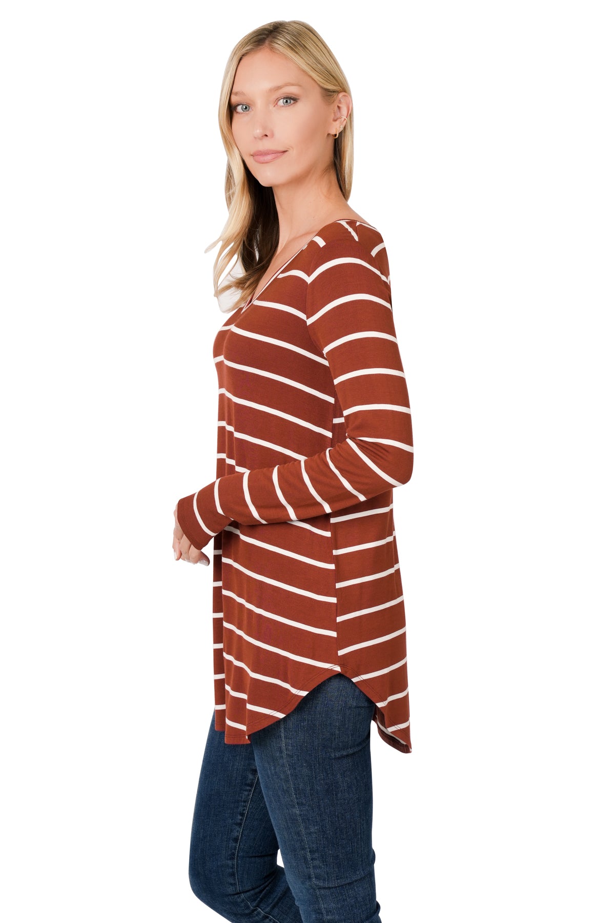 Zenana Striped V-Neck Dolphin Hem Top