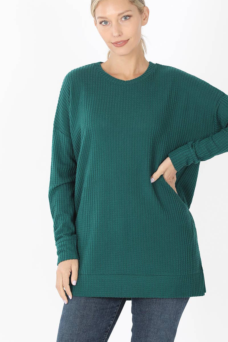 Zenana Brushed Thermal Waffle Round Neck Sweater