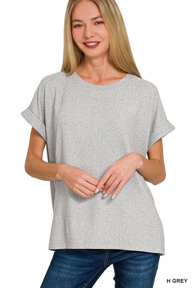 Zenana Soft Melange Folded Sleeve Round Neck Top