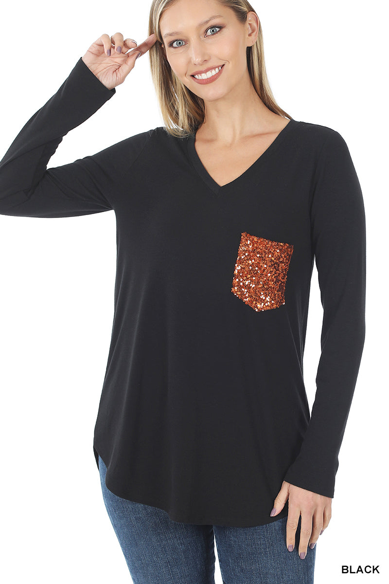 Zenana Long Sleeve V-Neck Front Sequin Pocket Top