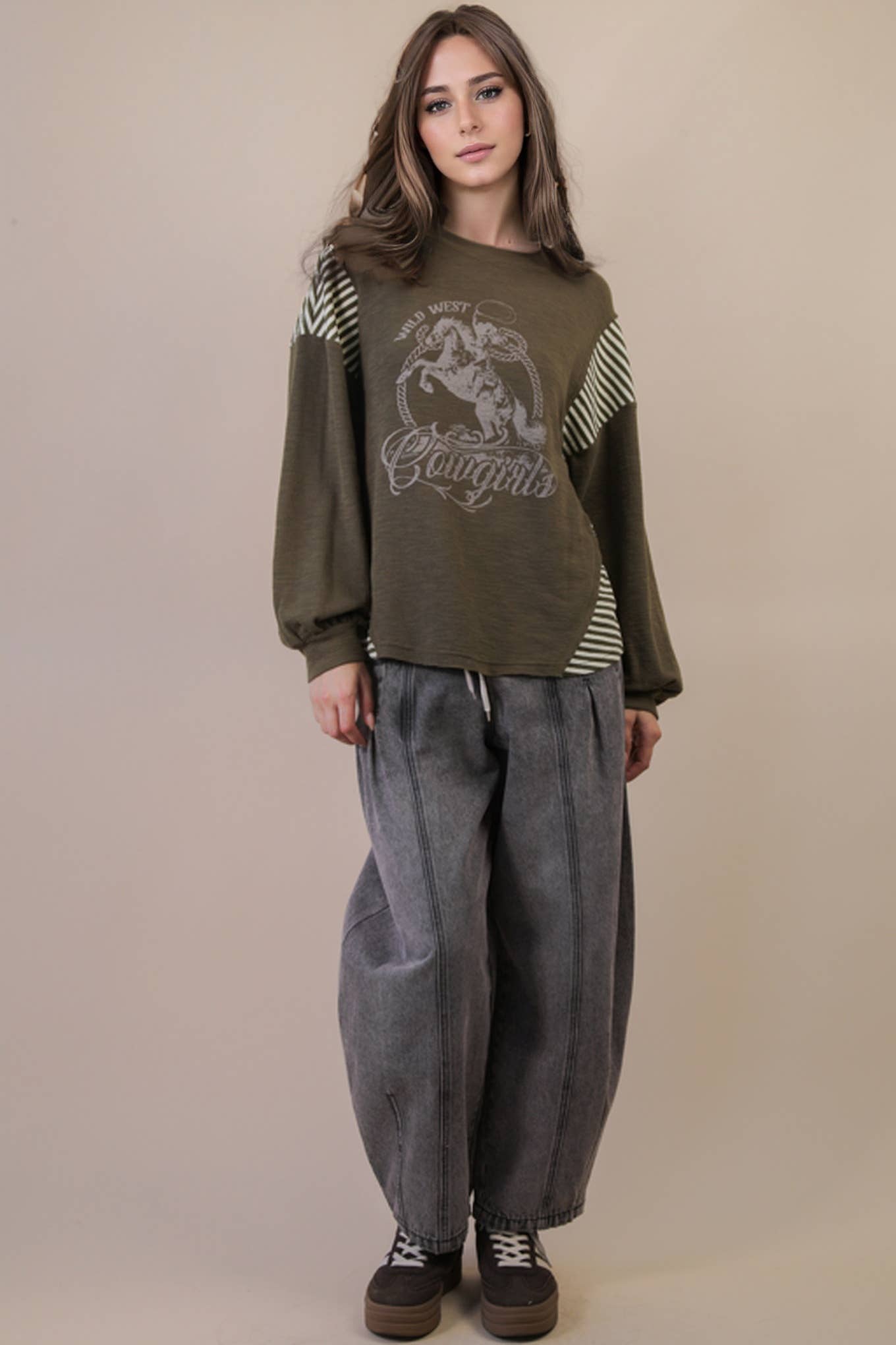 Oversized Mixed Media Western Graphic Knit Top