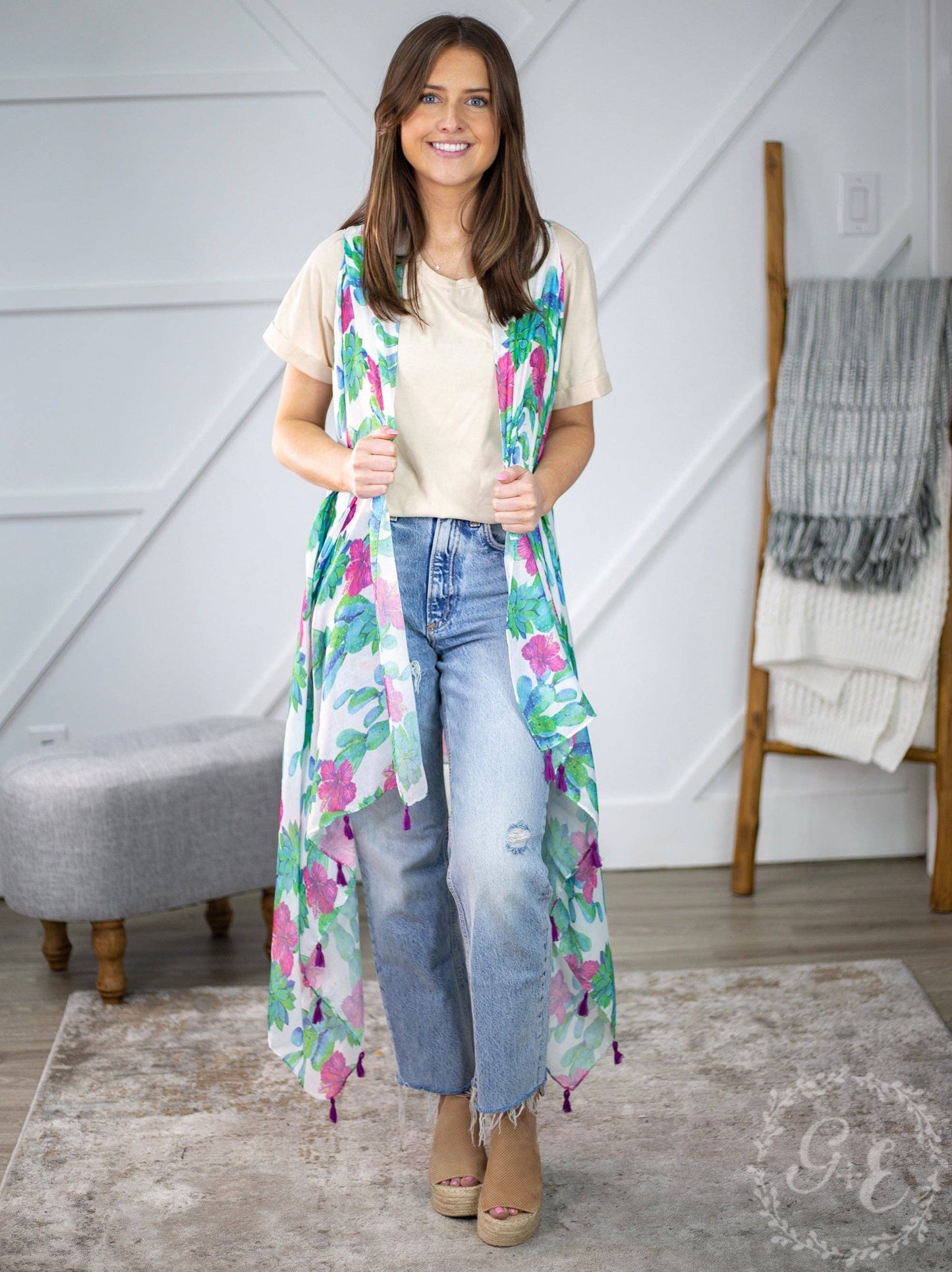 Floral Cactus Kimono Vest