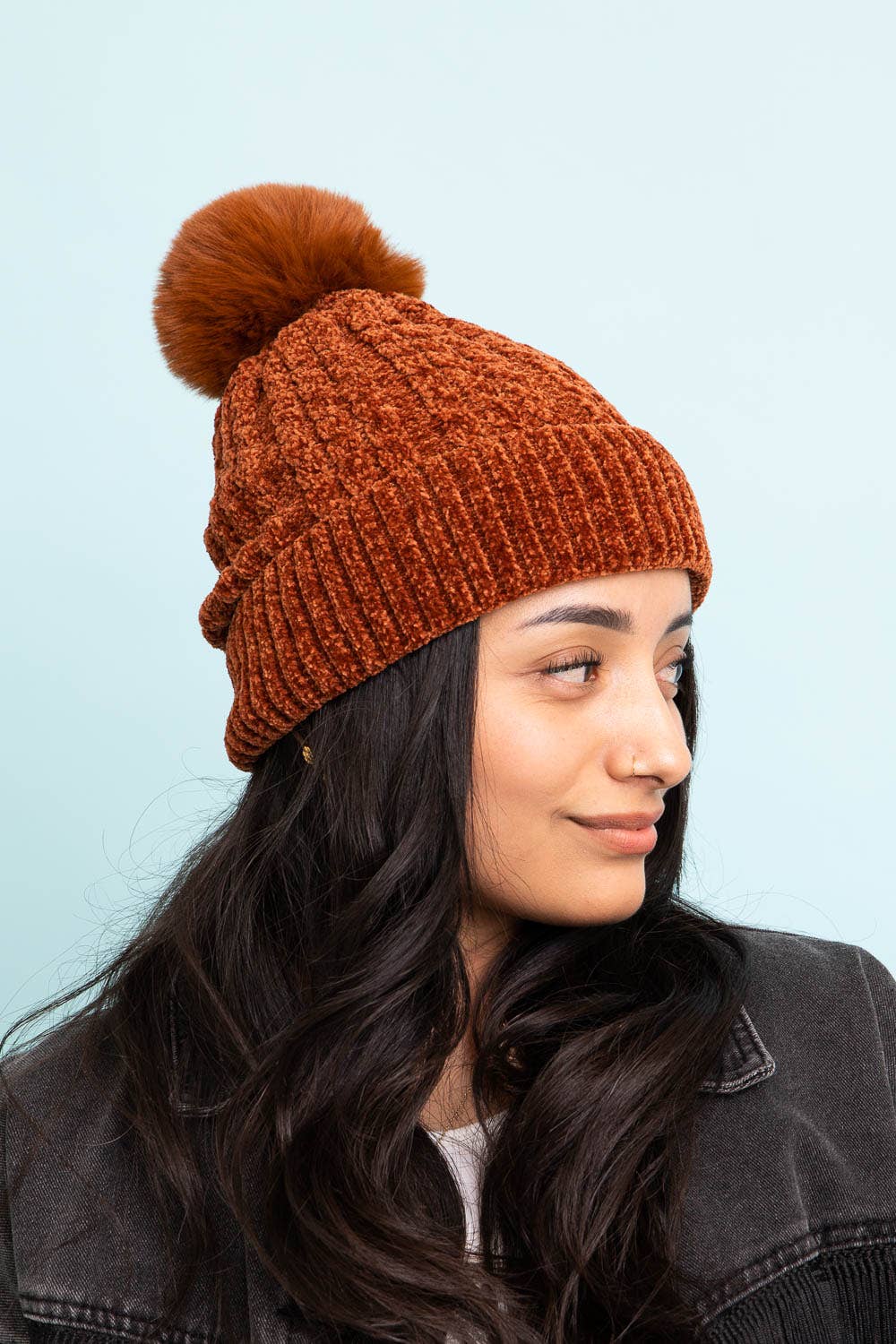 Velvet Cable Knit Pom Beanie (2 Colors)