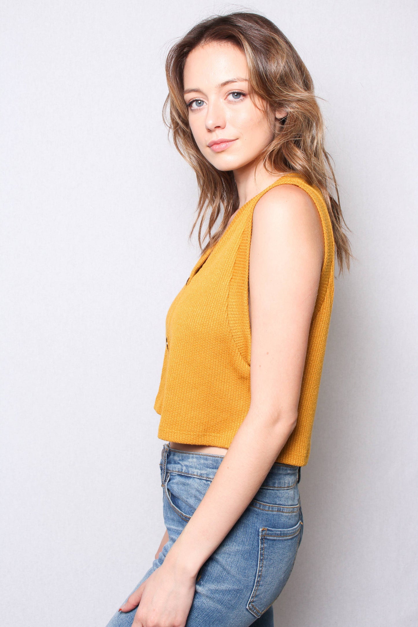 Ribbed Button Front Sweater Vest Cropped Top