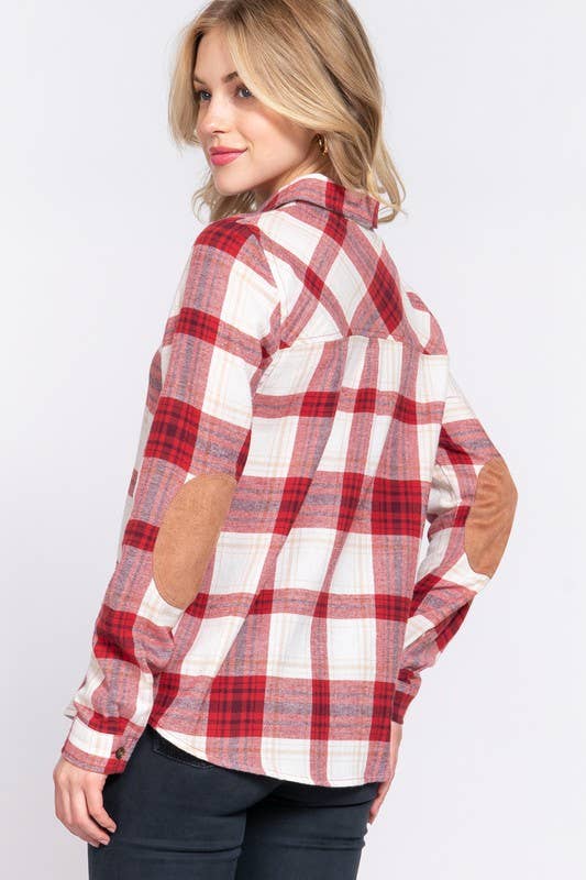 Button Down Plaid Flannel Shirt with Suede Patch