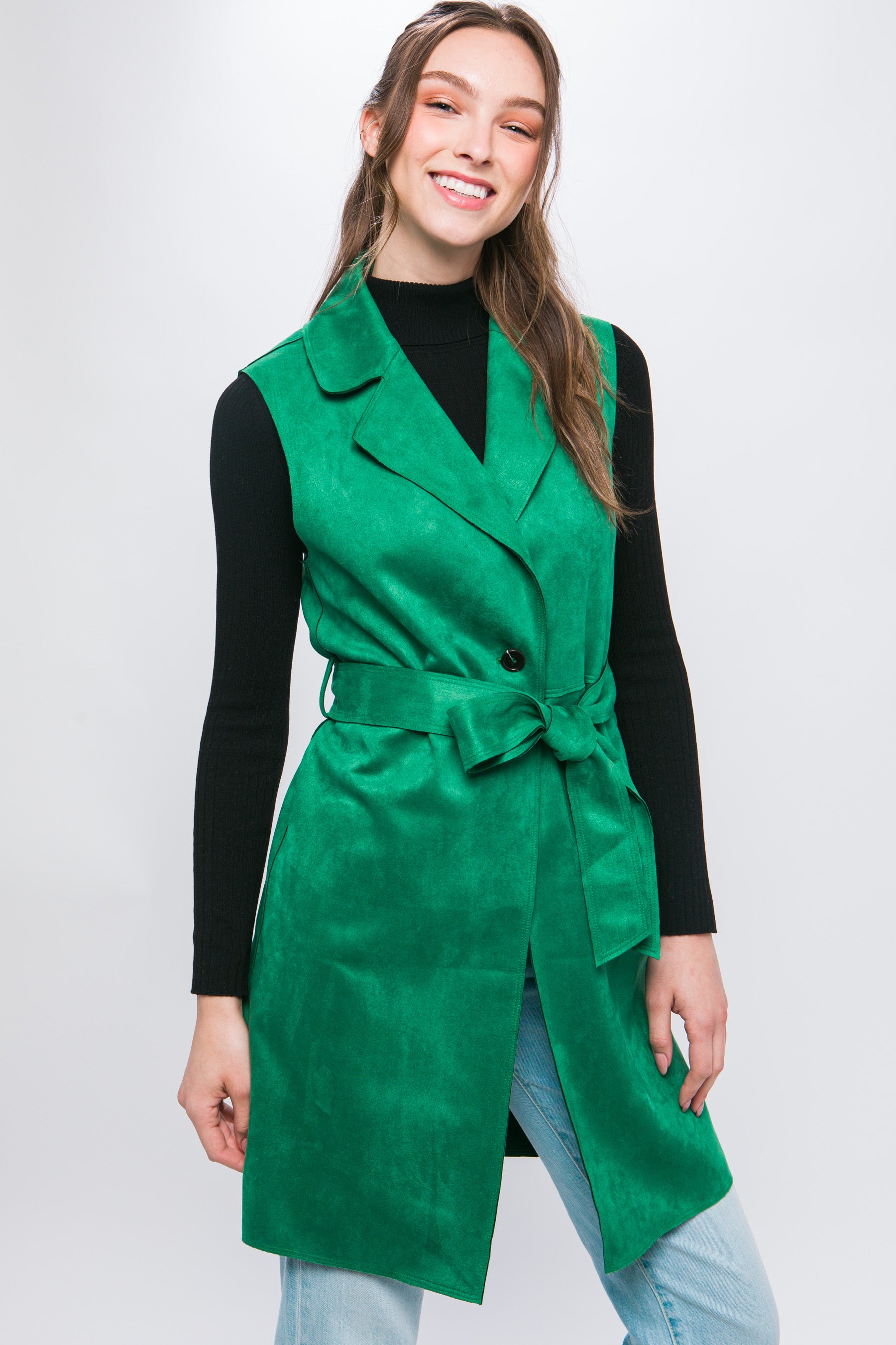 Love Tree Suede Solid Waist Tie Long Vest Green / S Love Tree Suede Solid Waist Tie Long Vest Green / S