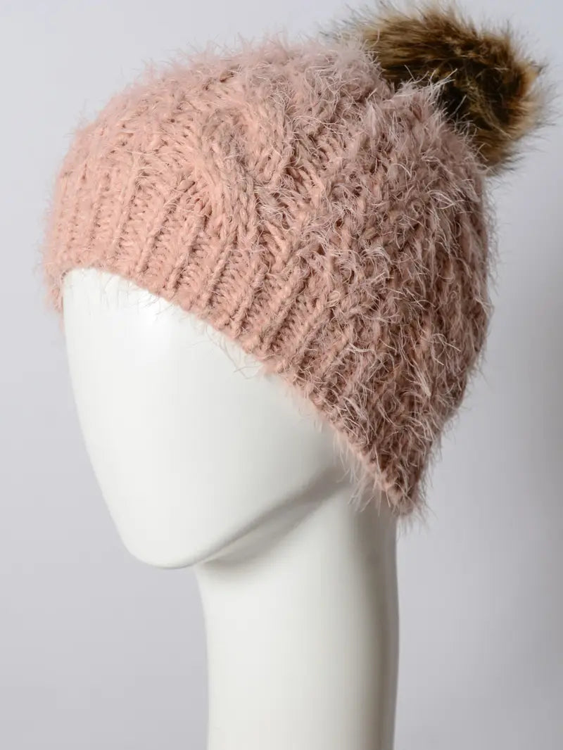 Faux Mohair Cable Knit Pom Pom Beanie