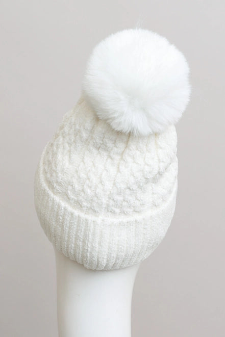 Velvet Cable Knit Pom Beanie (2 Colors)