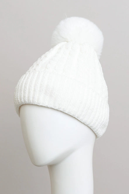 Velvet Cable Knit Pom Beanie (2 Colors)