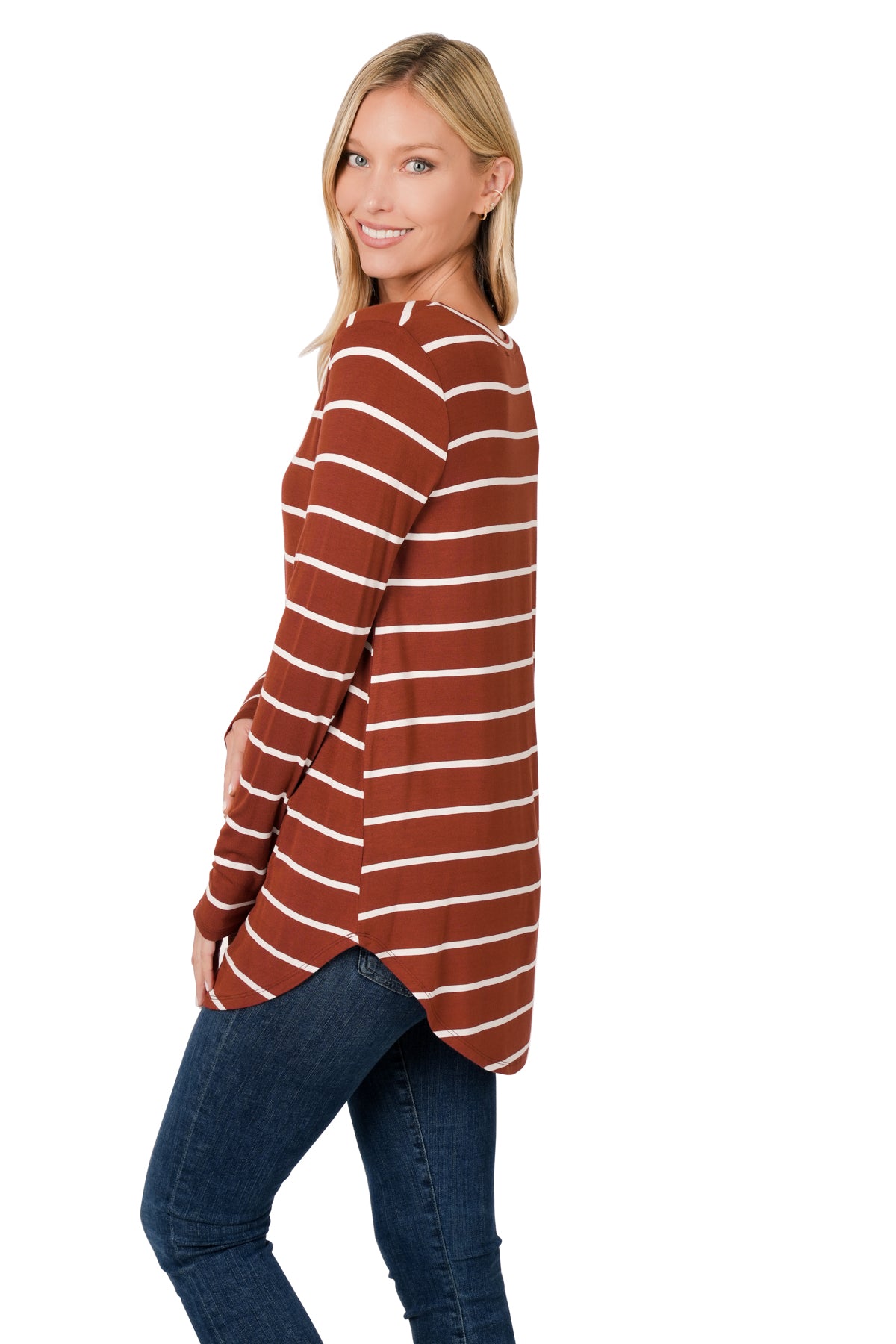 Zenana Striped V-Neck Dolphin Hem Top