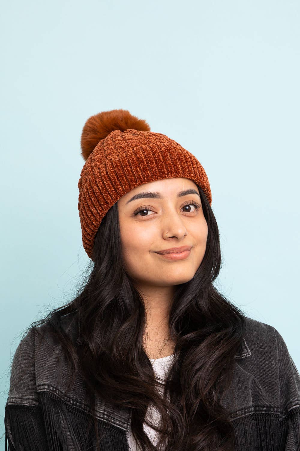 Velvet Cable Knit Pom Beanie (2 Colors)