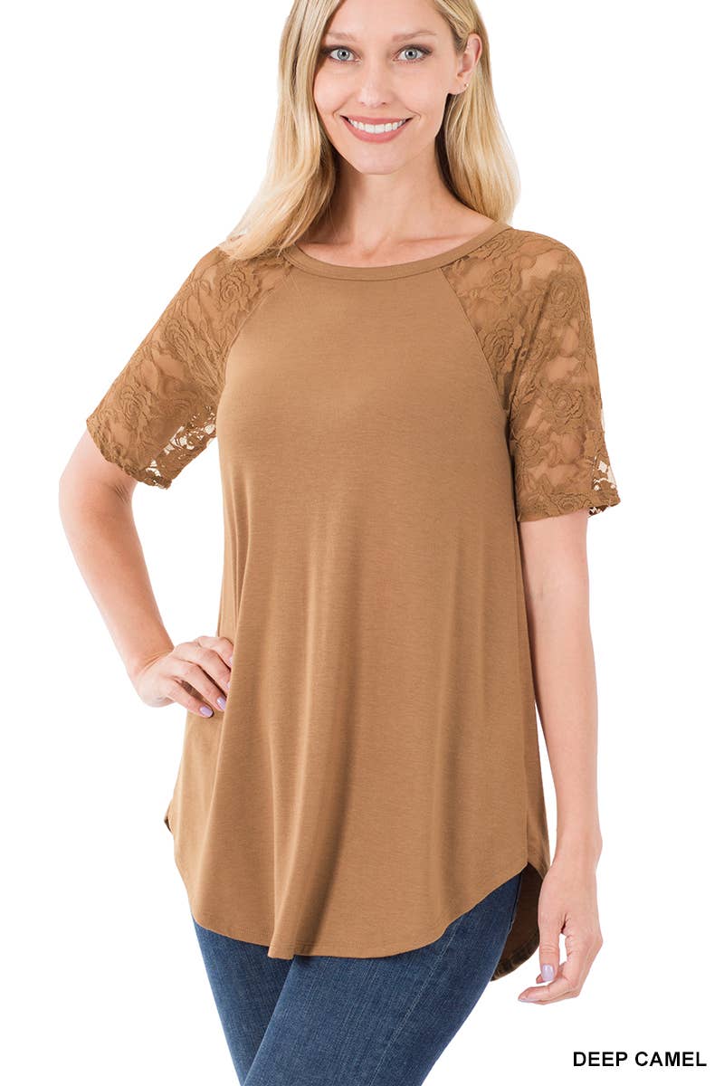Zenana Lace Detail Short Sleeve Round Neck Top (2 Colors)