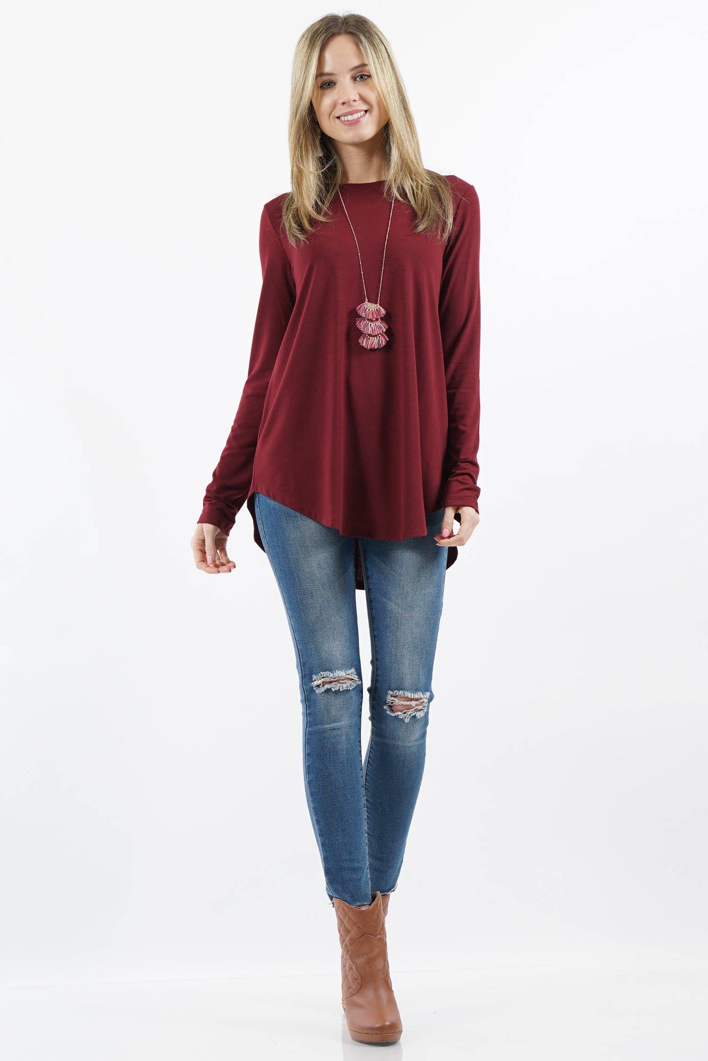 Zenana Long Sleeve Round Neck Round Hem Top