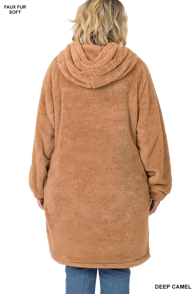 Zenana Curvy Hooded Faux Fur Hi-Low Hem Pullover