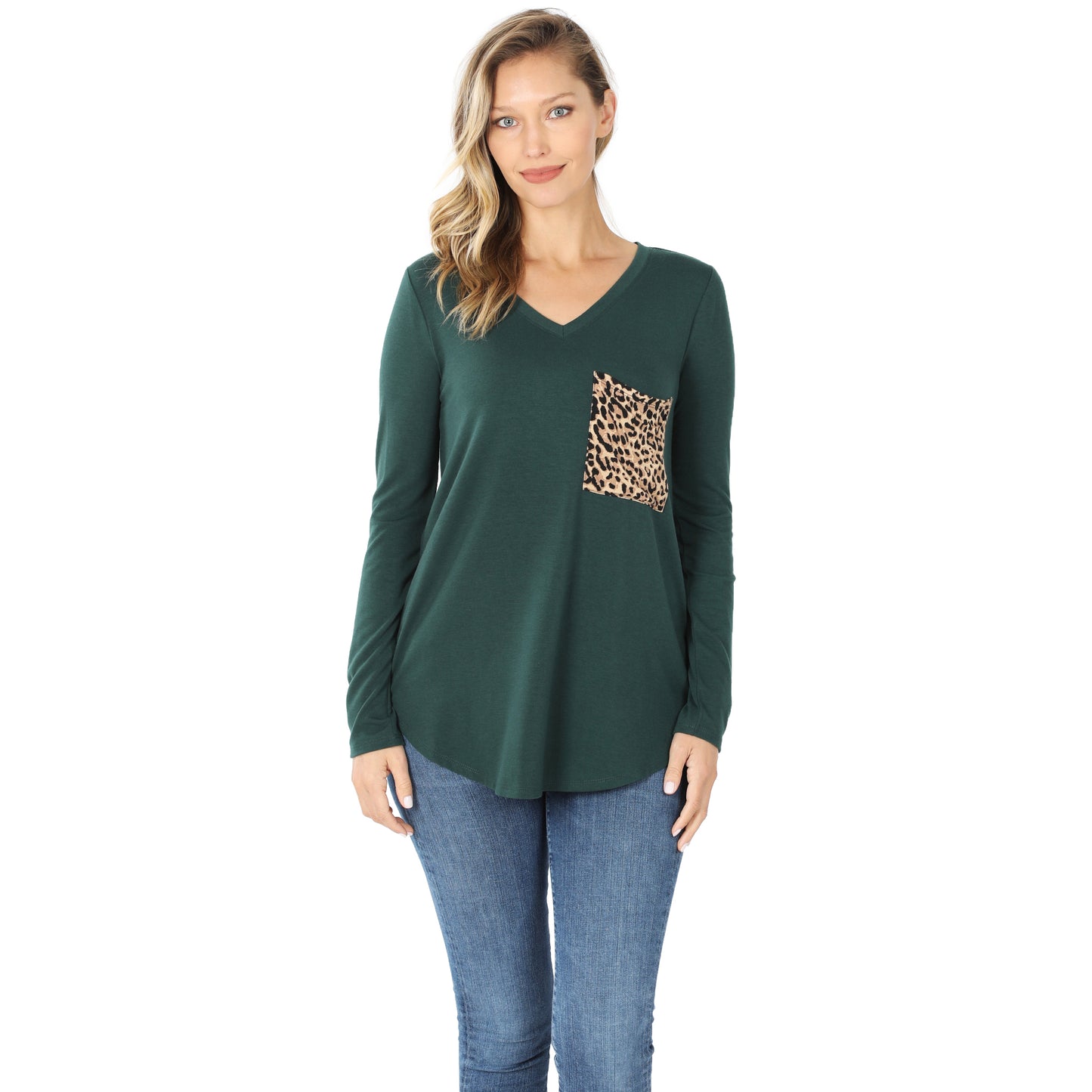 Zenana Long Sleeve V-Neck Leopard Print Pocket Top (2 Colors)