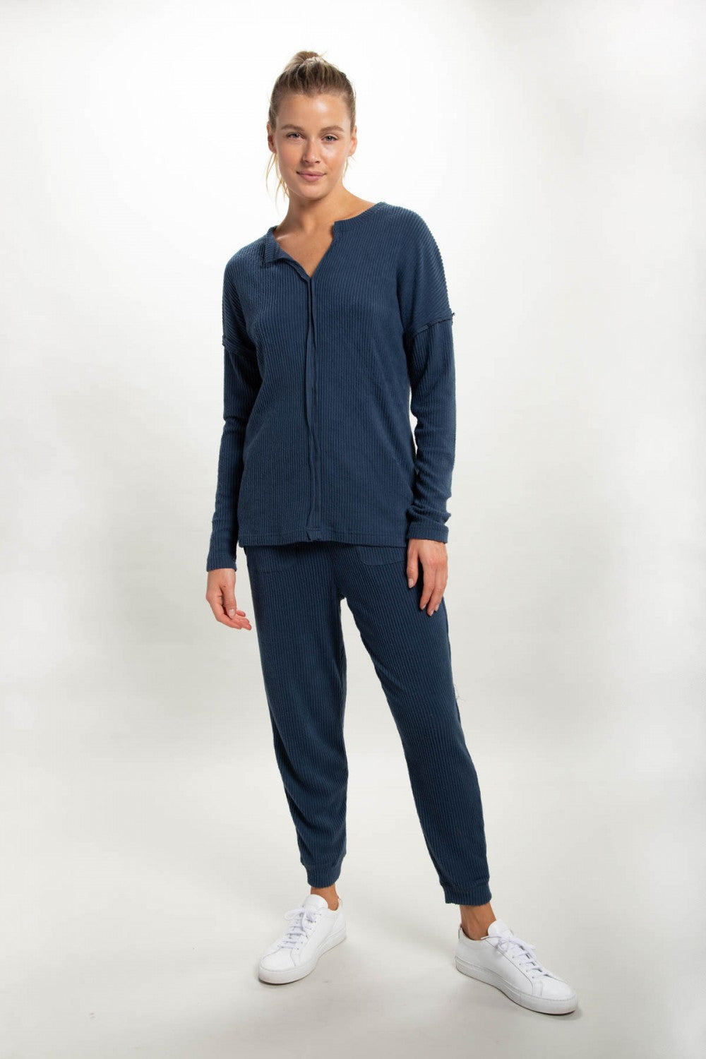 Mono B Ribbed Pullover with Notched Neckline, Chill Lounge Pants, or Chill Lounge Shorts Separates
