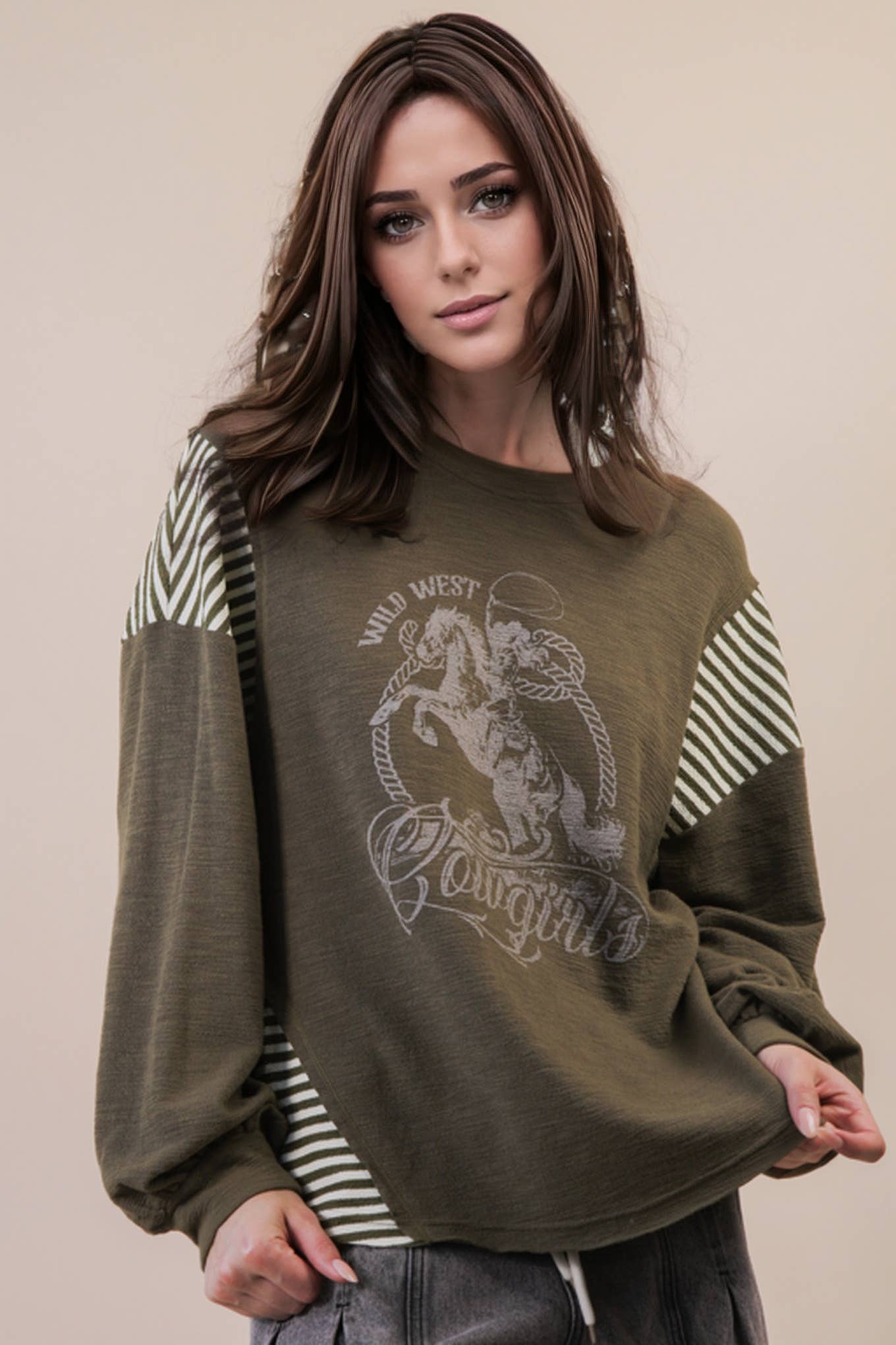 Oversized Mixed Media Western Graphic Knit Top