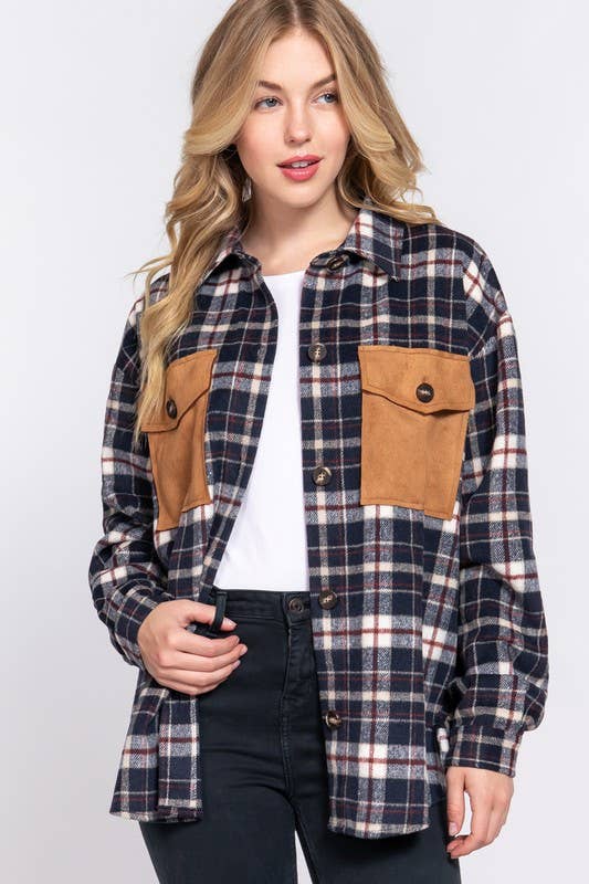 Long Sleeve Suede Pocket Detail Brushed Plaid Shacket