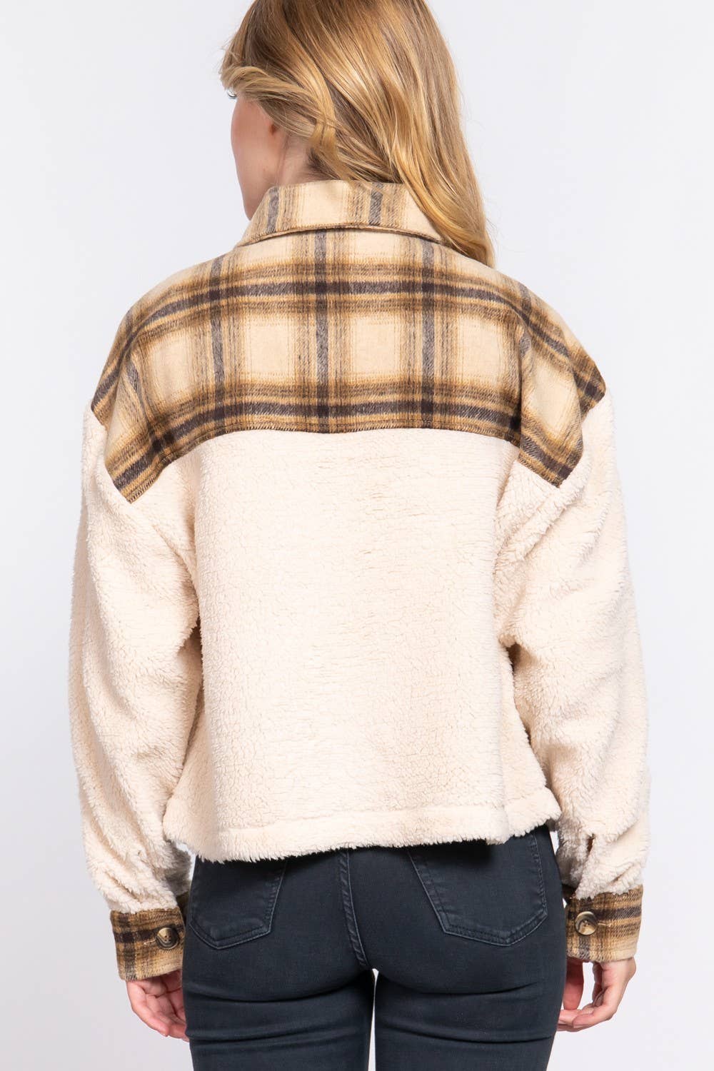 Button Down Plaid Contrast Faux Fur Jacket