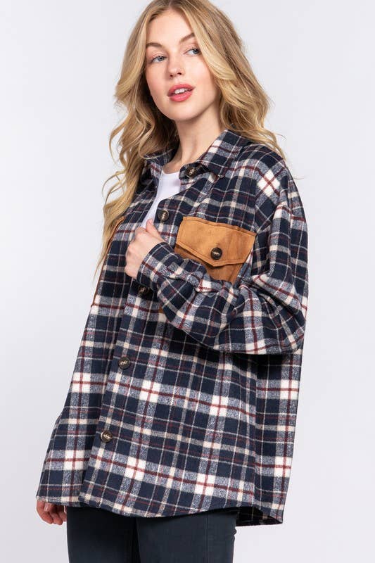 Long Sleeve Suede Pocket Detail Brushed Plaid Shacket