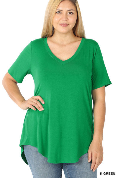 Zenana Curvy Luxe Rayon Short Sleeve V-Neck Hi-Low Hem Top