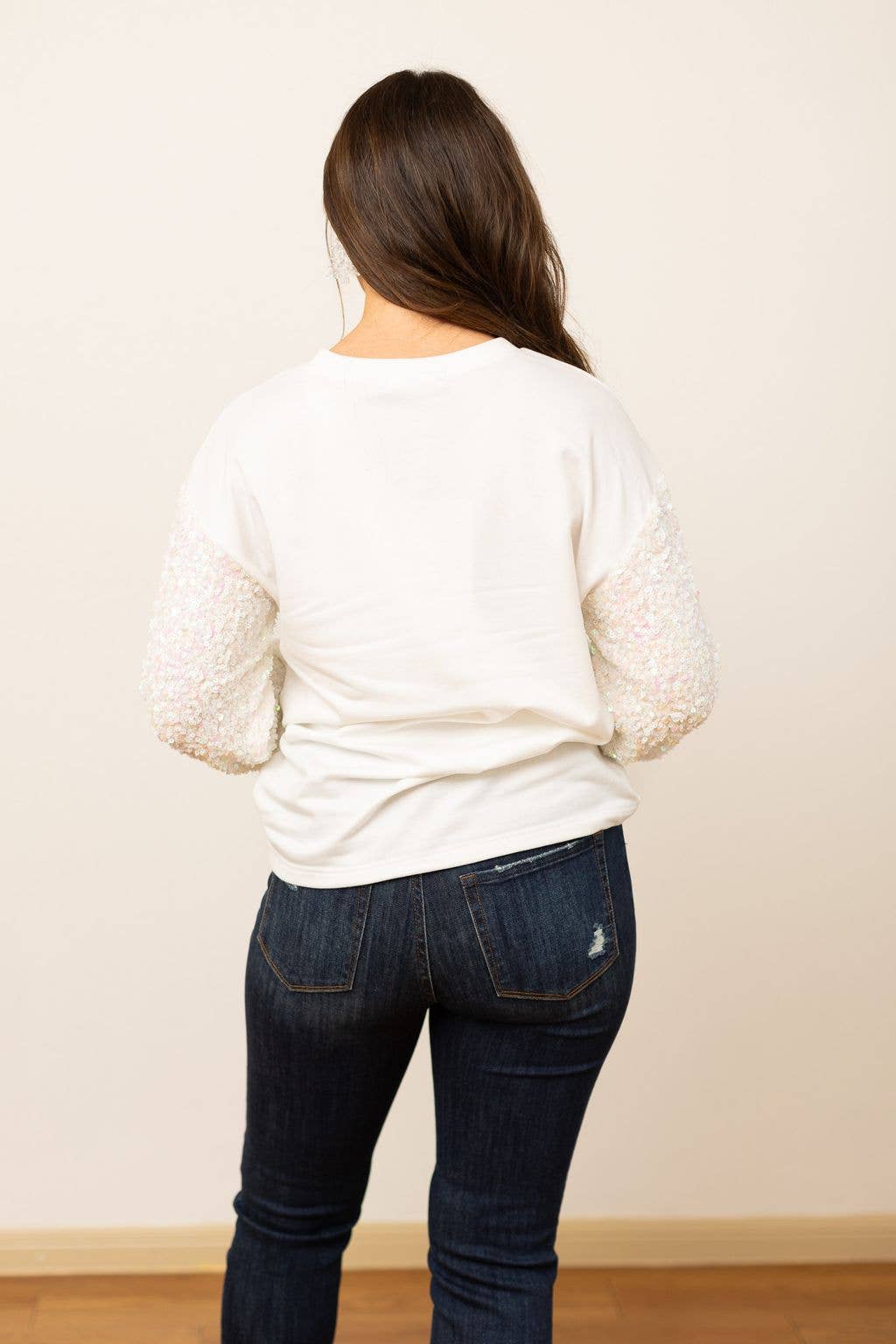 MERRY Sequins White Sweatshirt with Sequins Sleeves