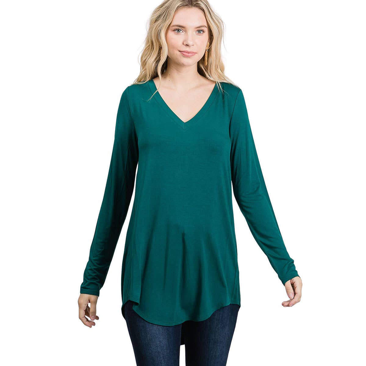 Luxe Rayon Long Sleeve V-Neck Dolphin Hem Top Color (2 Colors)
