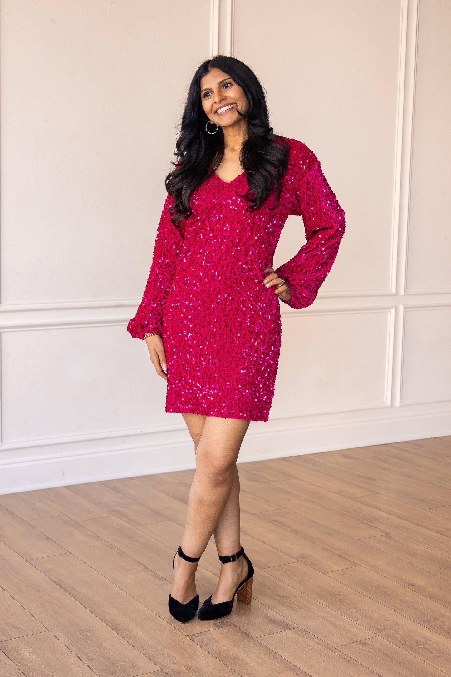 Hot Pink V-Neck Sequin Dress