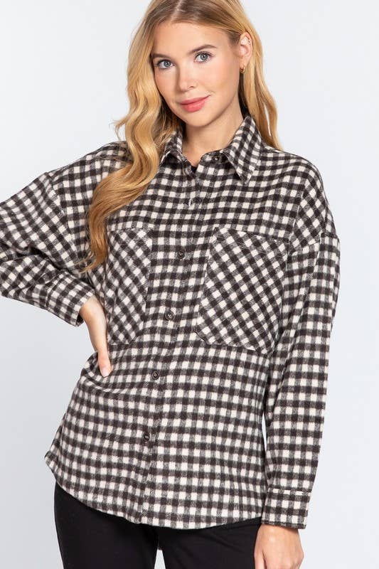 Long Sleeve Brushed Plaid Oversized Jacket